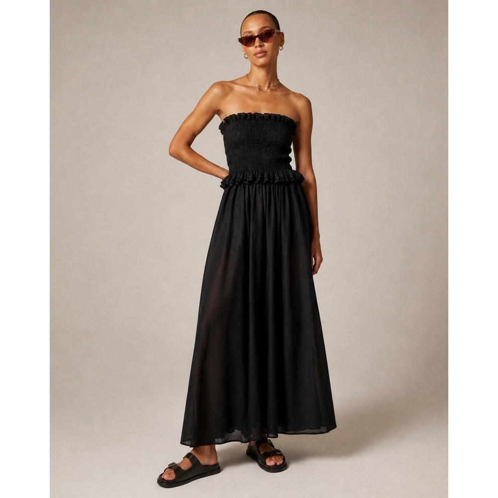 J.Crew Ravenna Ramie Smocked Maxi Dress Black Strapless Removable Straps Size S - Picture 2 of 7